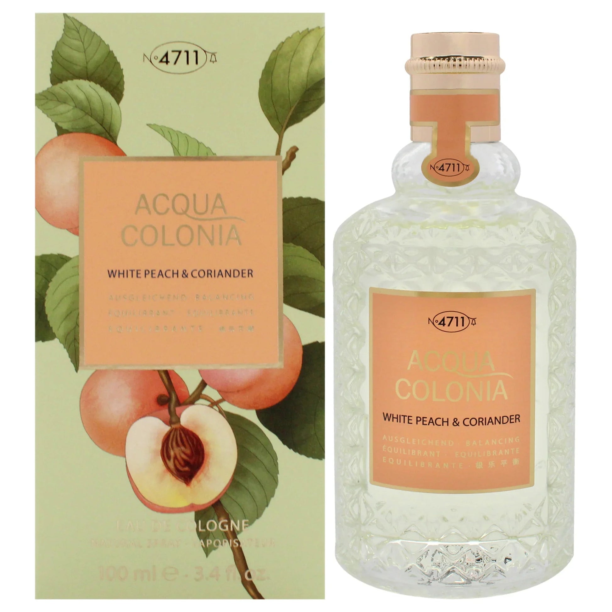 4711 Acqua Colonia White Peach & Coriander Eau de Cologne bottle close-up detail
