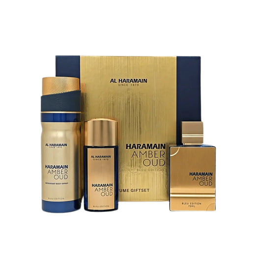 Al Haramain Amber Oud Bleu Edition Eau de Parfum includes ( 2.5oz EDP spray + 1.0 oz EDP spray + 6.6 oz Deodorant Body spray ) Unisex