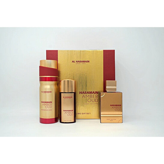 Al Haramain Amber Oud Ruby Edition Eau de Parfum includes ( 2.5oz EDP spray + 1.0 oz EDP spray + 6.6 oz Deodorant Body spray ) Unisex