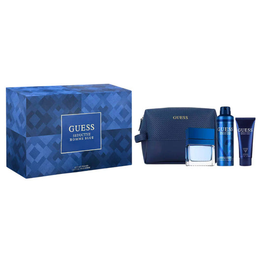 GUESS SEDUCTIVE HOMME BLUE 4 PCS SET: 3.4 + DEODORANT + 3.4 SHOWER GEL + POUCH Eau de Toilette perfume bottle